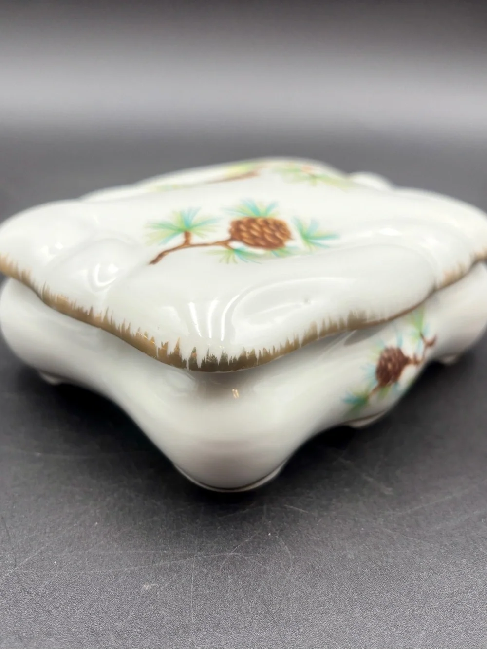 Vintage Norcrest Japan Porcelain Pine Cone Trinket Box Mid Century Jewelry Box